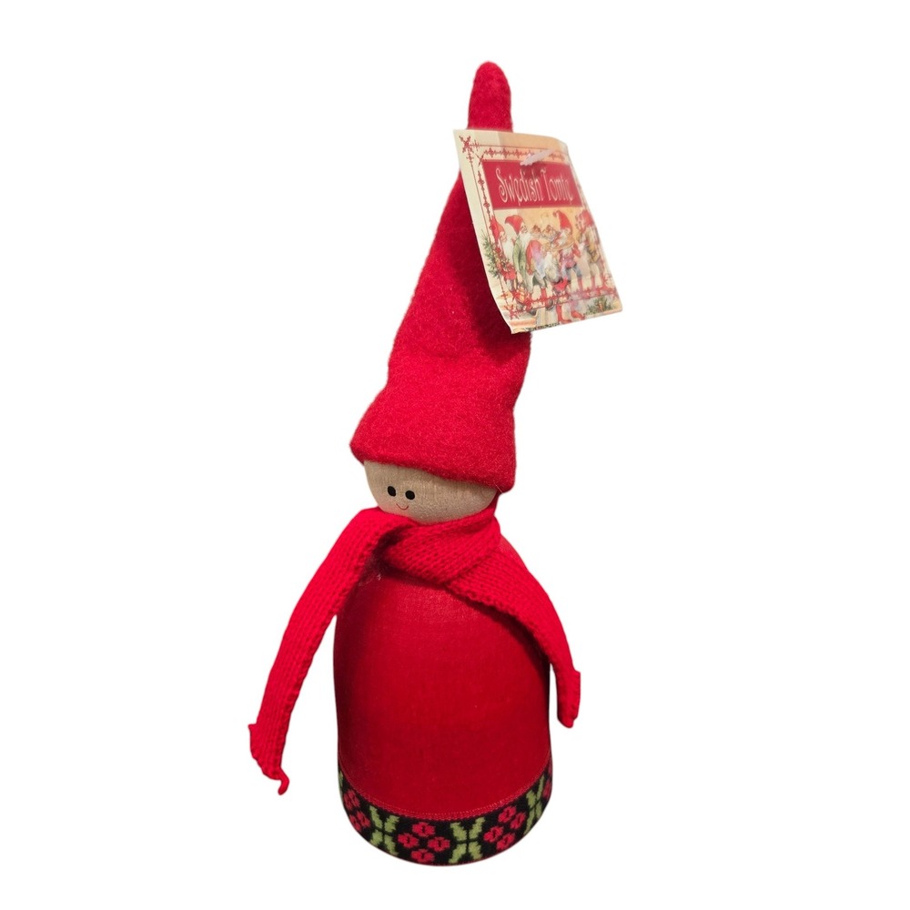 Swedish Tomte Figurine Red Felt Wood Christmas Elf Decor 7" Handcrafted Nordic